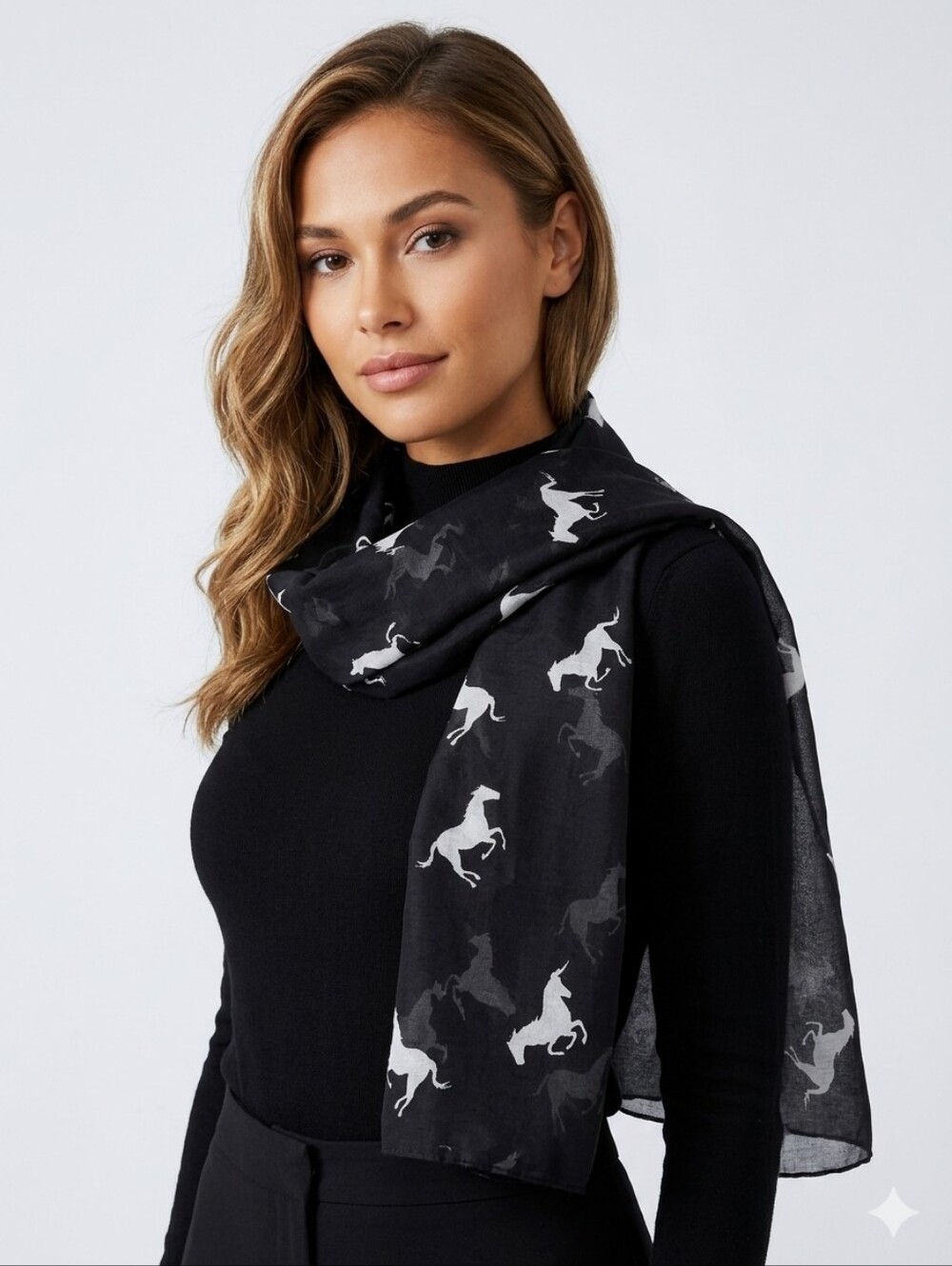 Sheer Black Horse Print Lightweight Scarf Shawl